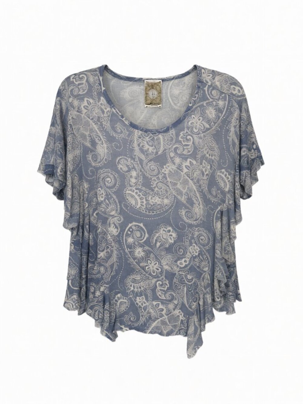 Women's Sheer Blue Paisley Asymmetrical Top S